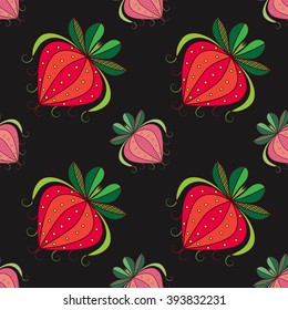 Vector strawberry seamless pattern  on black background
