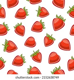 Vector Strawberry Seamless Pattern, repeat background with set of cut out illustrations whole strawberries with green leaves, group of various strawberry berries for home interior on white background