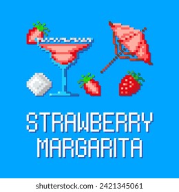 vector strawberry set of pixel icons of strawberry margarita and berries with ice, pink umbrella on a blue background svg