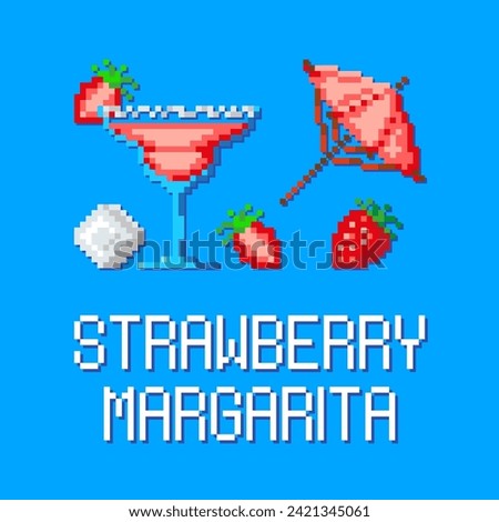 vector strawberry set of pixel icons of strawberry margarita and berries with ice, pink umbrella on a blue background