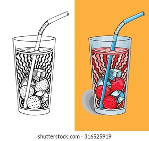 Vector strawberry smoothie or milkshake, hand drawn graphic healthy drink in glass icon.