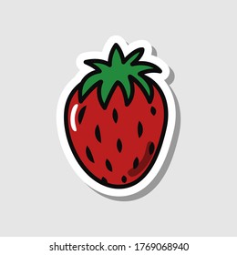 Vector strawberry sticker in cartoon style. Isolated berry with shadow.