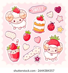 Vector Strawberry stickers collection. Set of stickers with cute characters in kawaii style. Sheep, cake, smoothie with strawberry, heart, star. Can be used for t-shirt print, sticker, greeting card