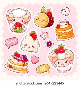 Vector Strawberry stickers collection. Set of stickers with cute characters in kawaii style. Sheep, cake, smoothie with strawberry, heart, star. Can be used for t-shirt print, sticker, greeting card