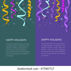 Vector streamers and confetti background, curved swirl paper ribbon. 