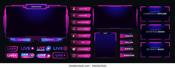 Vector streaming screen panel overlay game template neon theme. Live video, online stream futuristic technology style. Abstract digital user interface. Live streaming button. Vector 10 eps