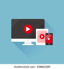 vector streaming video in the screen / social media / on-line TV concept / sign or icon template, flat style isolated on blue