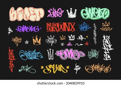 Vector street art colorful graffiti tags and hip-hop elements. Doodle style crown tags and hand drawn abstract lettering