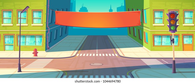 Vector street banner, poster. Urban advertising, promotion mockup. Template of placard between multistorey buildings, downtown in cartoon style. City marketing, tissue billboard.