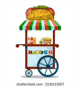 Vector street cart with Mexican food. Flat cartoon illustration of cart selling taco, nachos at fairs, street, Park, festival. Outdoors stall with fast food in city. Ethnic menu for Cinco de mayo