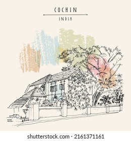 Vector street in Cochin (Kochi), Kerala, South India postcard. Old house architecture drawing. Heritage colonial building and tropical plants in the garden in Fort Kochi. Historical landmark poster