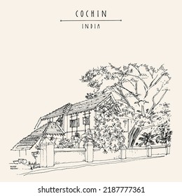 Vector street in Cochin (Kochi), Kerala, South India postcard. Old house architecture drawing. Heritage colonial building and tropical plants in the garden in Fort Kochi. Historical landmark poster