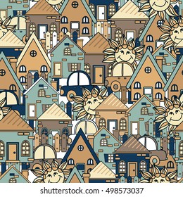 Vector Street design,  seamless pattern with house, fence, sun.  background  in childish style.