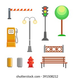 Vector street element icons set. Bench, hydrant and trafficlights, streetlights with fence