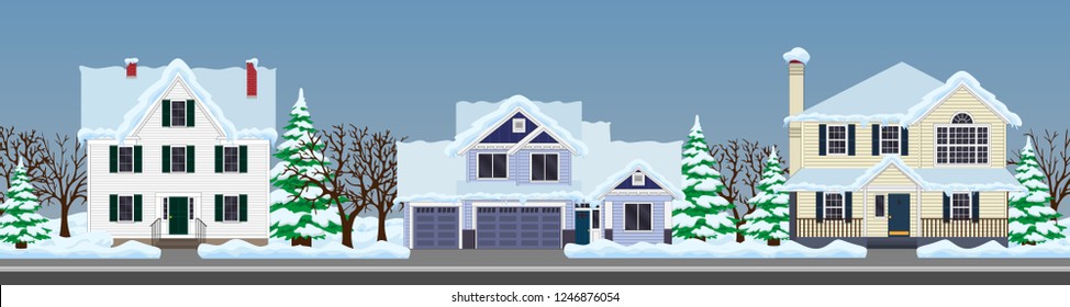 vector street. family houses set. winter street. 