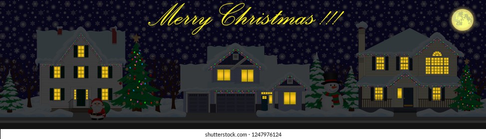 Vector street. Family houses set. Holiday decorations. Christmas night.