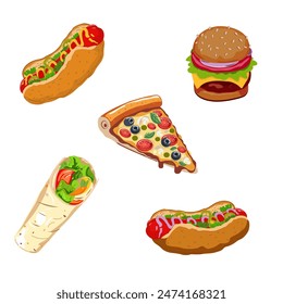 Vector street fast food icons. Cartoon food illustration. Hotdog, hamburger, pizza and shawarma. Menu design. Background with the fast food