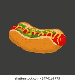 Vector street fast food icons on a black background. Cartoon food illustration. Hotdog, hamburger, pizza and shawarma logo.