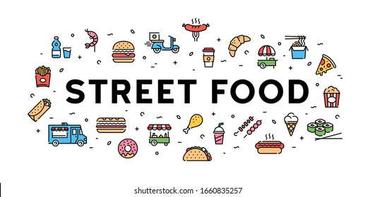 Vector street food banner concept. Line fastfood logo illustration. Modern icon design for cafe, delivery, restaurant, stall, bar. Flat take away symbol template