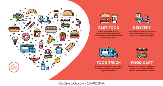 Vector street food banner concept with place for text. Line fastfood logo illustration. Modern icon flyer design for cafe, delivery, restaurant, bar. Flat take away background template with heart