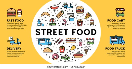 Vector street food banner concept with place for text. Line fastfood logo illustration. Flat take away background template. Modern icon flyer design for cafe, delivery, stall, restaurant, bar svg