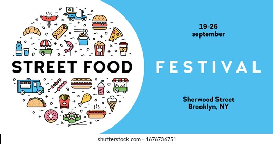 Vector street food banner concept with place for text. Line fastfood poster invite illustration. Flat take away background template. Modern icon flyer design for festival, market, party, barbecue