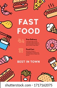 Vector street food banner concept with place for text. Line fastfood icon illustration. Modern flyer design for cafe, delivery, restaurant, bar, festival, market. Flat take away poster background