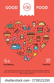 Vector street food banner concept with place for text. Line fastfood poster illustration. Icon flyer design for cafe, delivery, restaurant, bar, festival, market. Flat background template with heart