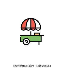 Vector street food cart icon template. Line trade stall symbol illustration. Graphic retail wheel market, booth, kiosk, trolley. Mobile stand logo background with umbrella