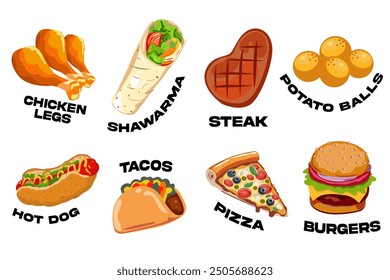 Vector street food in flat cartoon style. Tacos, shawarma, chicken legs, potato balls, steak, hot dog, pizza and burger. World food day. Poster for menu and fast food establishment