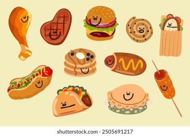 Vector de comida callejera en estilo plano de dibujos animados. Tacos, pierna de pollo, filete, hot dog, pastel de bayas, panqueques y salchichas en personajes de masa y hamburguesas. Día Mundial de la Alimentación. Afiche publicitario para establecimientos de alimentación