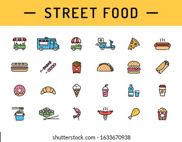 Vector street food icon set. Modern fastfood logo symbol collection. Flat take away pictogram illustration in line style. Simple signs for cafe, delivery, restaurant, stall, bar