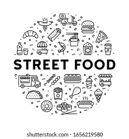 Vector street food icon set. Flat take away pictogram illustration. Modern fastfood logo symbol collection in circle form. Line banner design for cafe, delivery, restaurant, stall, bar
