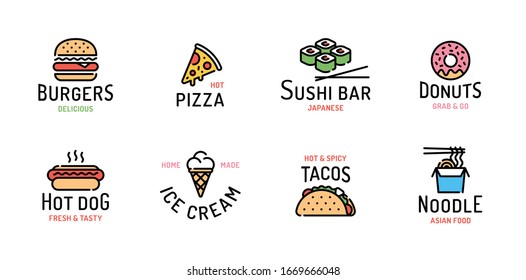 Vector Street Food Logo Set. Line Fastfood Sign Illustration. Modern Flat Restaurant Or Cafe Logotype. Design Concept For Burgers, Pizza, Sushi Bar, Donuts, Hot Dog, Ice Cream, Tacos, Noodle