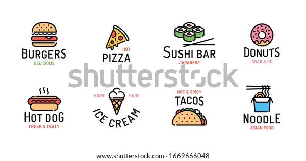 Vector street food logo set. Line fastfood sign\
illustration. Modern flat restaurant or cafe logotype. Design\
concept for burgers, pizza, sushi bar, donuts, hot dog, ice cream,\
tacos, noodle