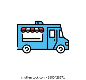 Vector street food truck icon template. Line trade van symbol illustration. Mobile cafe car logo background. Festival shop transport to cook and sell meals