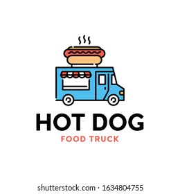 Vector street food truck logo template. Line hot dog car logotype illustration. Mobile snack bar background. Festival shop transport to cook and sell meals