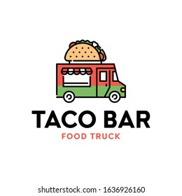 Vector Street Food Truck Logo Template. Line Taco Van Logotype Illustration. Mexican Meals Delivery Car Background. Festival Shop Transport To Cook And Sell Snacks