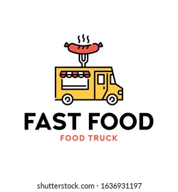 Vector street food truck logo template. Line BBQ van logotype illustration. Grilled sausage bar background. Festival car to cook and sell meals