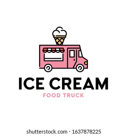 Vector street food truck logo template. Line ice cream van logotype illustration. Delivery car icon with sweet cone dessert. Festival shop transport to cook and sell snacks