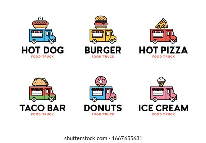 Vector Street Food Truck Logo Set. Line Snack Car Logotype. Festival Van Illustration Background: Hot Dog, Burger, Pizza, Taco Bar, Donuts, Ice Cream