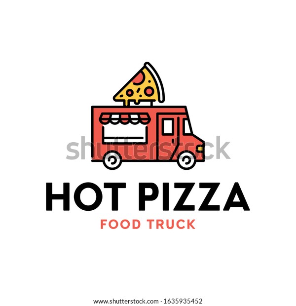 Vector street food truck logo\
template. Line pizza car logotype illustration. Mobile snack bar\
background. Festival shop transport to cook and sell\
meals