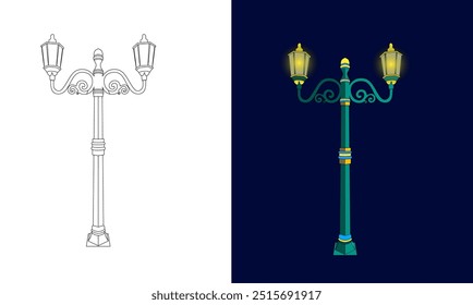 vector of street lamp or garden lamp, outline version and full color version