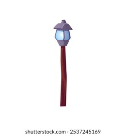 Vector of a street lamp made of wood and metal. Retro design with blue light, suitable for rural or urban environment. Decorative element on a white background.