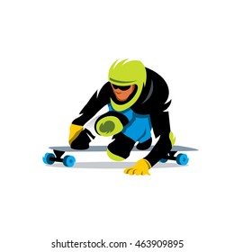 Vector Street Luge Cartoon Illustration. Downhill skateboarder in action on an asphalt road. Unusual Logo template isolated on a white background