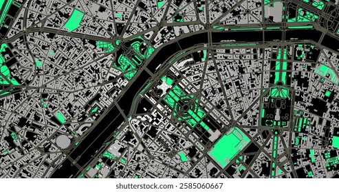 Vector street map of Paris in the area of the Eiffel Tower. Detailed display of the street grid, the Seine River and the surrounding area with a minimalist design, ideal for navigation and design proj