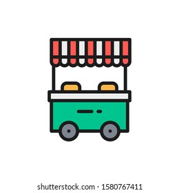 Vector street market, food stall flat color line icon.