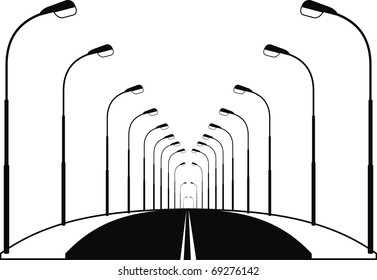 Vector street road and lanterns in night - black illustration on white background