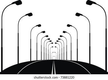 Vector street road and lanterns in night - black illustration on white background