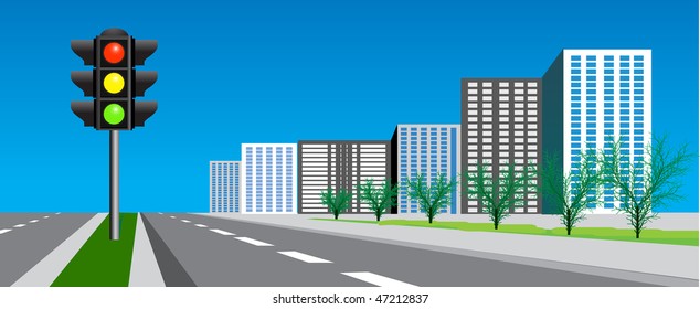 Vector street with road and traffic signal